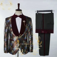 szmanlizi latest coat pant designs burgundy rose floral men wedding suits slim fit 2 pieces set tuxedos groom prom party blazer