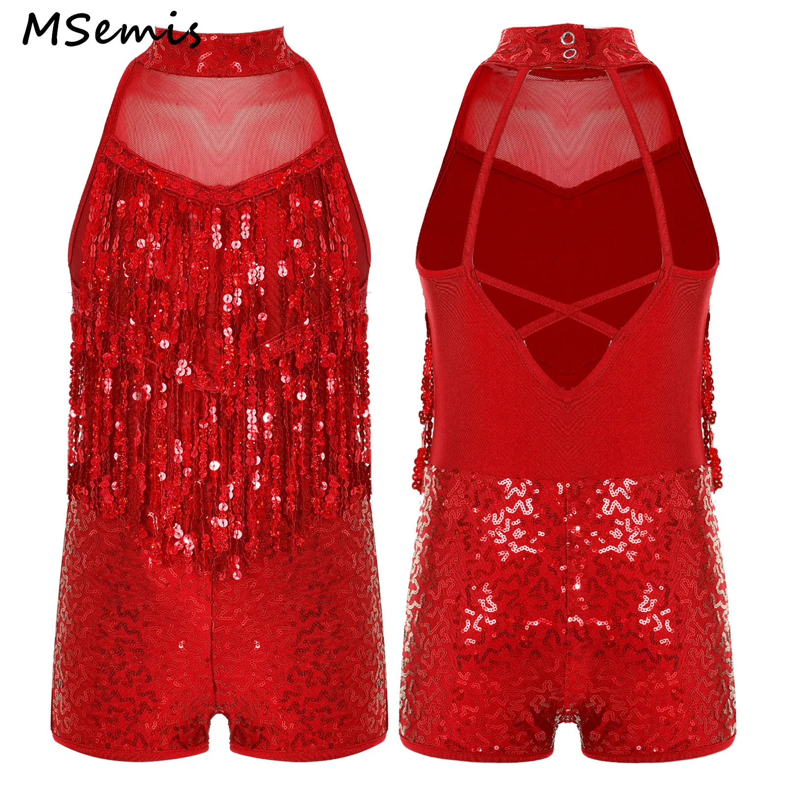 

Kids Girls Shiny Sequins Tassel Decorated Leotards Sleeveless Round Collar Crisscross Straps Hollow Back Jazz Dance Wear