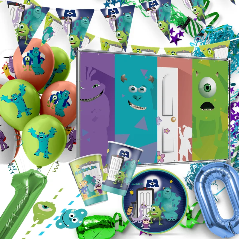 Disney Monsters Inc Party Supplies Favor Disposable Tableware Baby Shower Birthday Tablecover Napkins Foil Balloon Novelty Toys