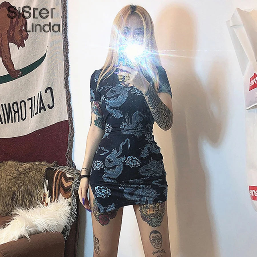 

Женское облегающее мини-платье Sisterlinda, ажурное платье Ципао с коротким рукавом и принтом дракона, 2020