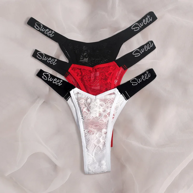 

Letter Rhinestone Strings Women Thongs Panties Sexy Low Waist Lace See Through Comfort Seamless Underwear Sous Vetement Femme