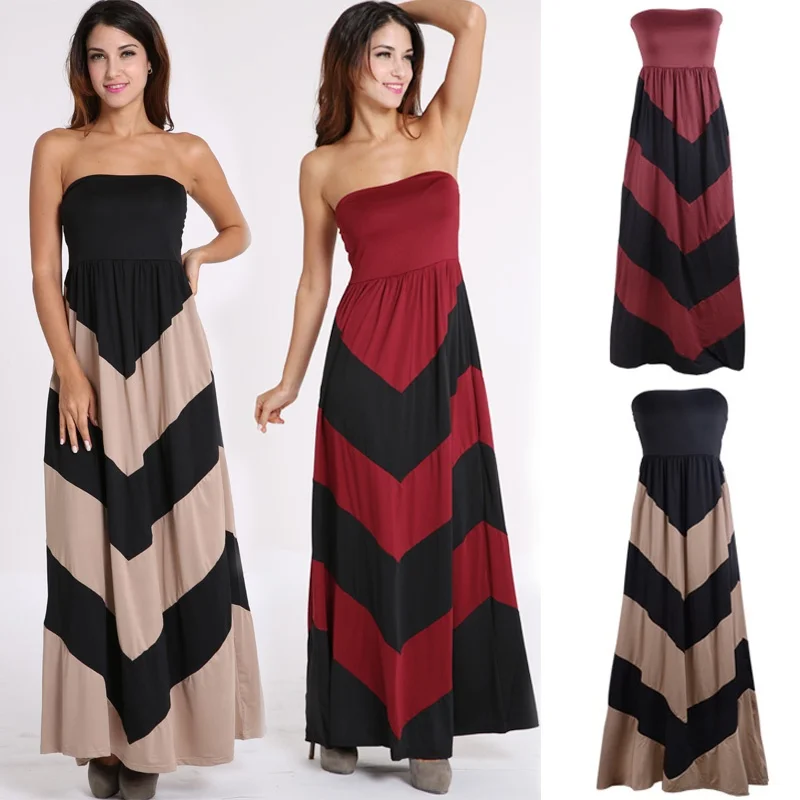 

Women Fashion Sexy Sleeveless Slim Stripped Pattern Maxi Beach Long Dress