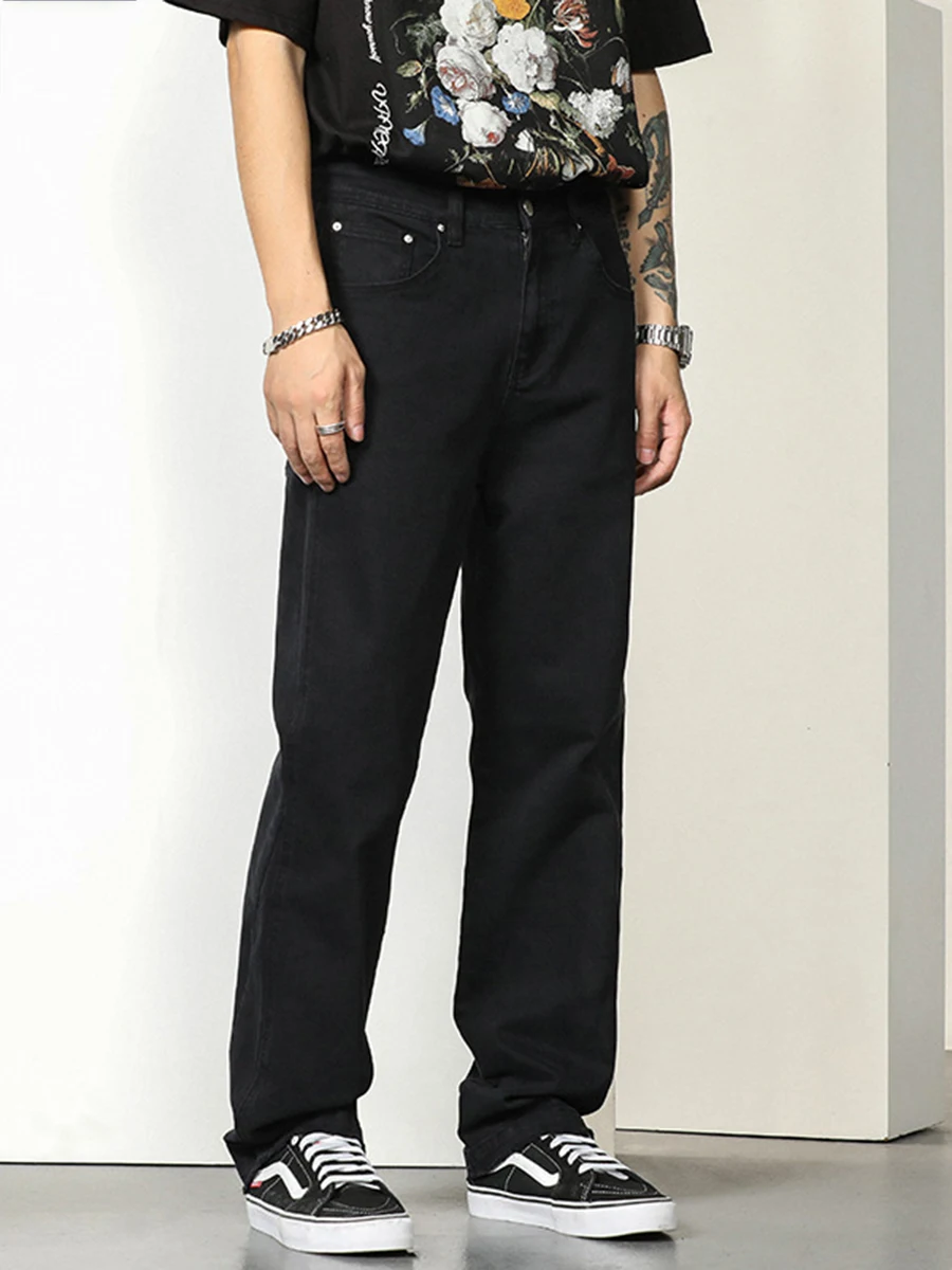 Four Seasons Fashion Men Jeans Stretch Vibe Style Dark Black High Street Black Casual Pants Stretch Trousers Street Men Clothing
