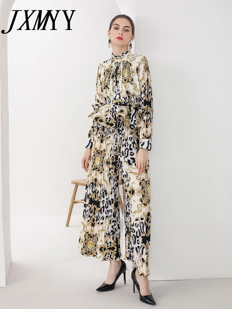 

2022 Spring New European And American Personalized Print Pleated Lantern Sleeves Small Turtleneck Temperament Long-Sleeved Suit