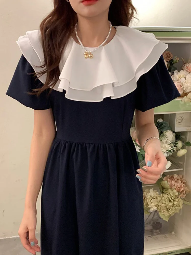 

Женское Повседневное платье миди с оборками на воротнике, элегантное облегающее платье с пышными рукавами, модная одежда в Корейском стиле ...