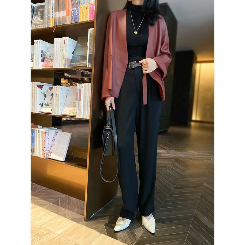 Autumn  Winter 2022 Fuax  Leather Formal Office Lady Suit  French Casual Short Leather Women  red Suede Belt Clothes for Women