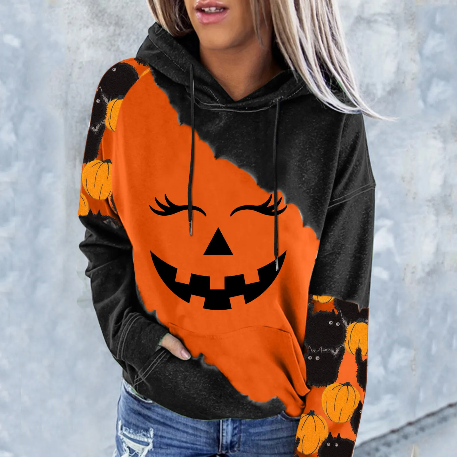 

Casual Sweatshirts For Womens Halloween Pumpkin Printing Hoodies Fall Fashion Long Sleeve Casual Zip up Black Hoodie Women