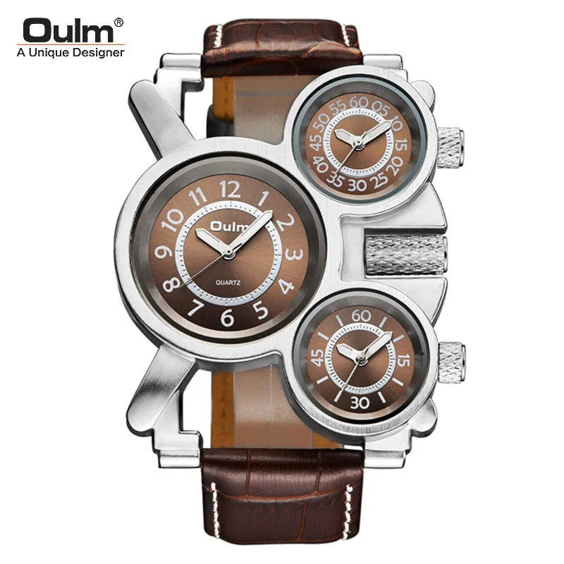 

OULM Military Quartz Watches Men Three Time Zone 3 Small Dial Real Leather Strap Men's Wristwatches Male Clock relogio masculino