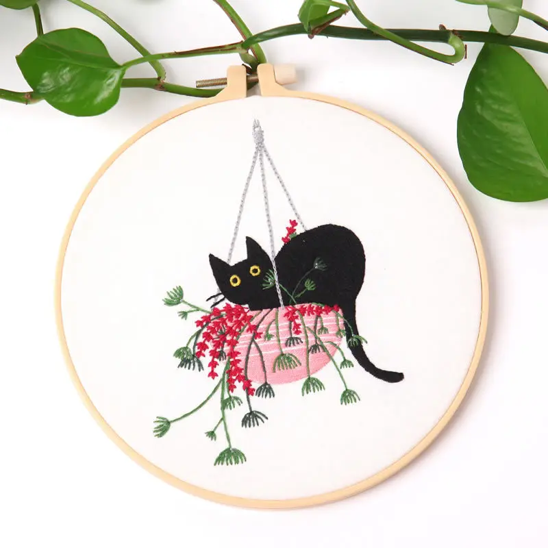 

Набор для вышивки с цветочным рисунком черной кошки, Цветочная вышивка для начинающих, Набор для вышивки крестиком круглой формы, набор для шитья