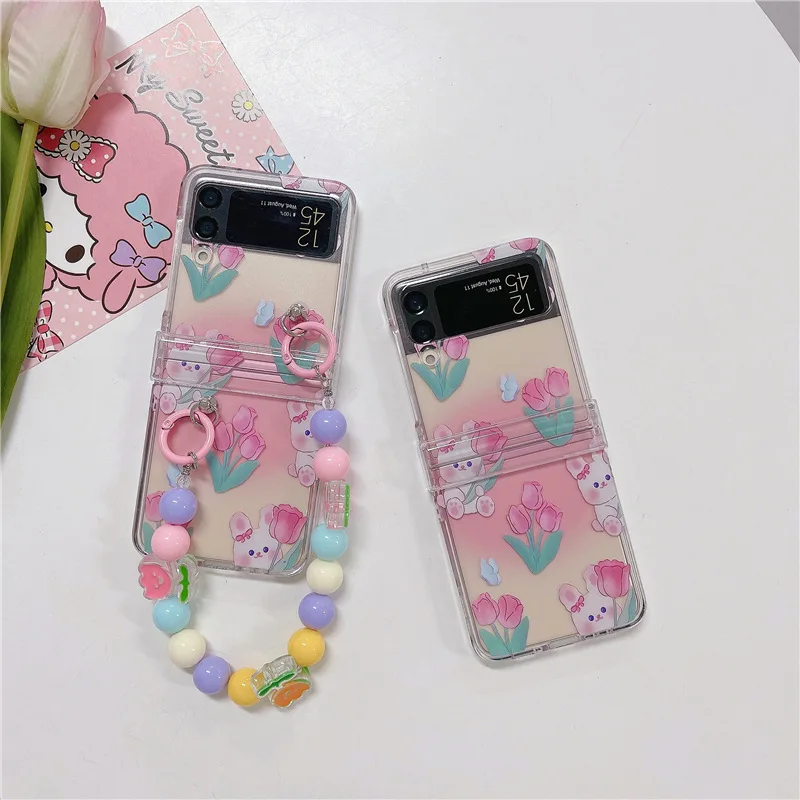 

Pink Tulip Flower Cartoon Rabbit Phone Case for Samsung Galaxy Z Flip 3 Z Flip 4 Hard PC Back Cover for ZFlip3 ZFlip4 Case Shell