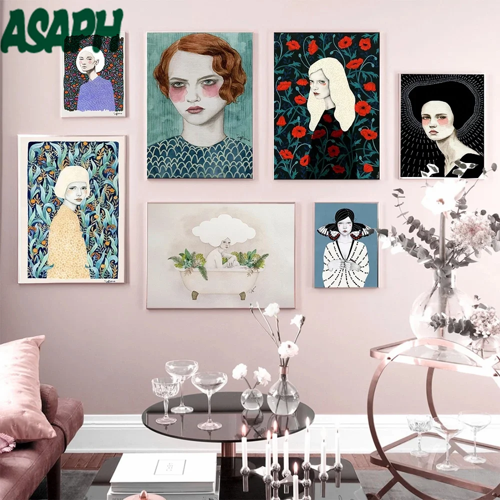 

Nordic Illustration Fashion Pretty Portrait Girl Plants Leaves Wall Art Picture Canvas Painting For Girls Living Room Home Decor