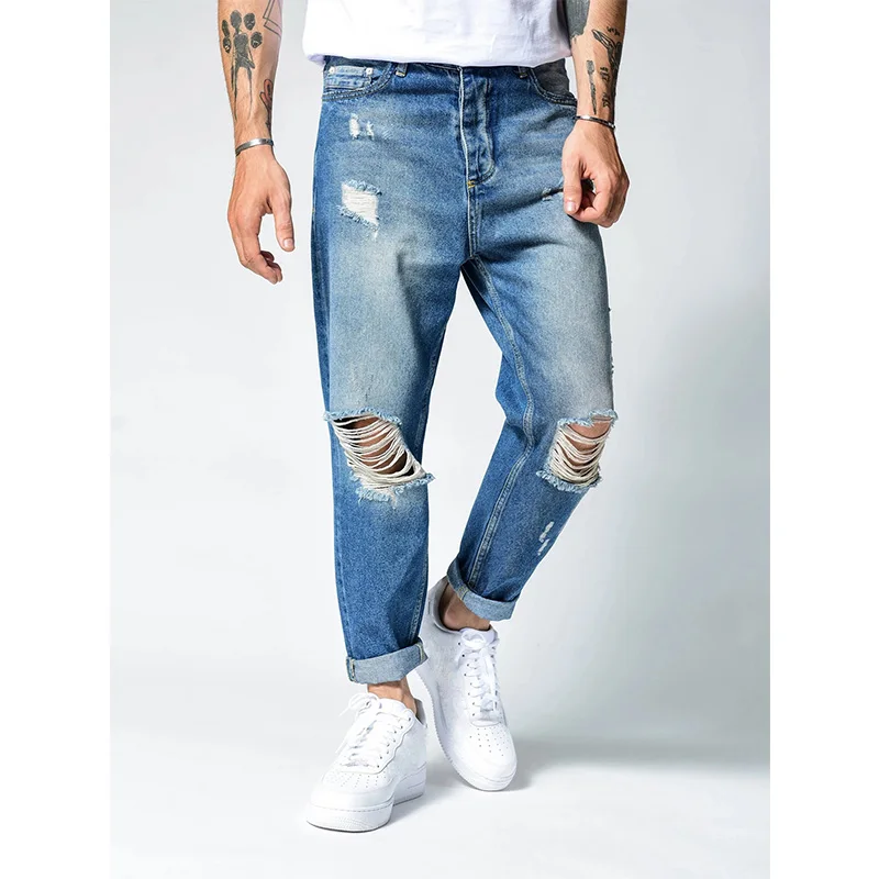 New Mens Jeans Straight Trend Hole Blue Slim Jeans Streetwear Men Solid Color Full Length Denim Pants Casual Trousers