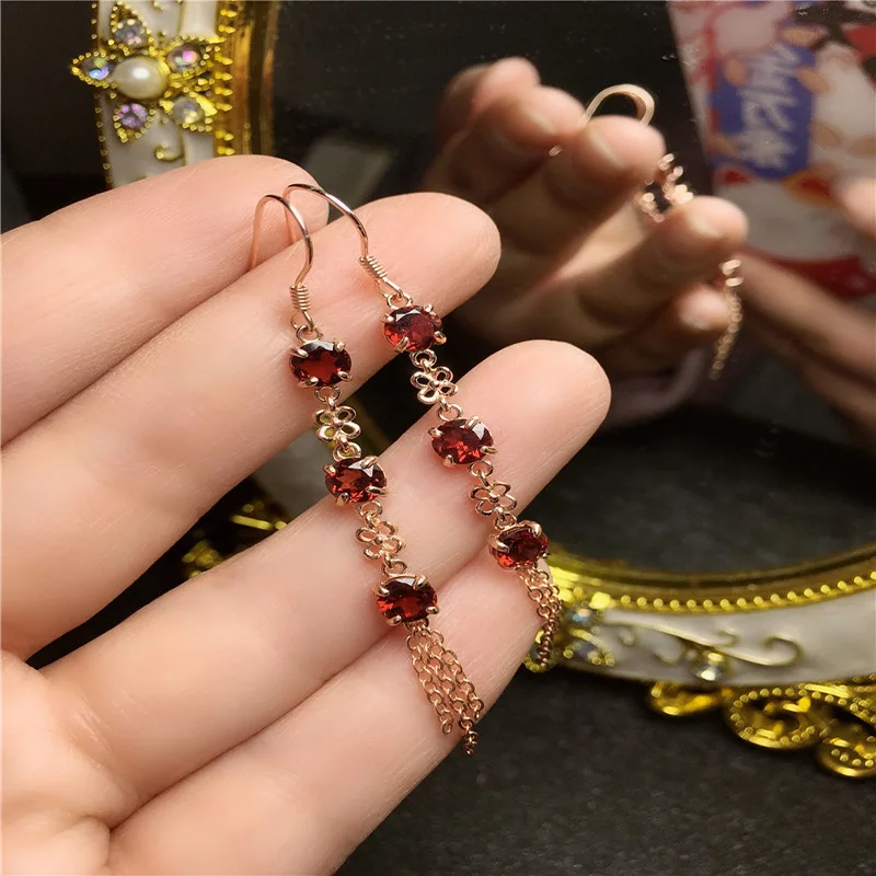 

MeiBaPJ Natural Garnet Flower Long Drop Earrings Real 925 Solid Silver Fine Charm Wedding Jewelry for Women