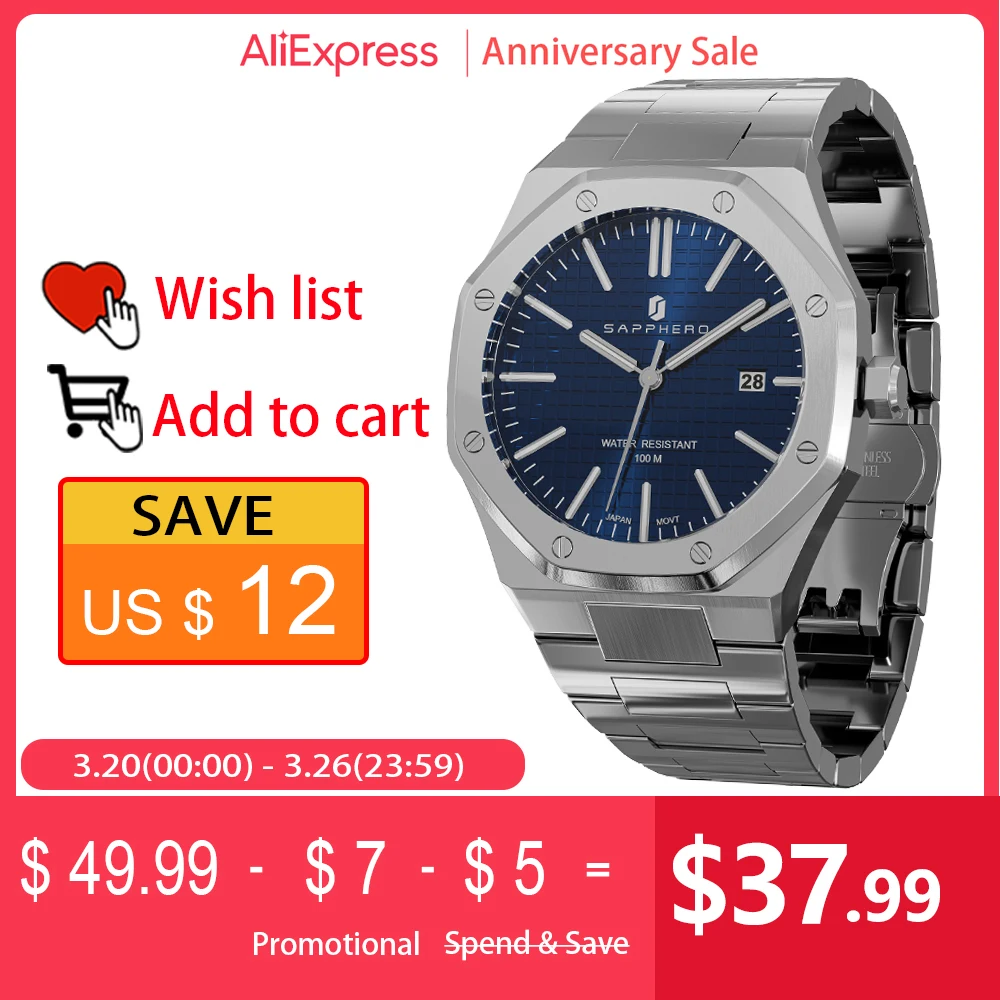 

SANew Luxury Watch for Men Octagon Design 100M Waterproof Mens Watches Business Date Luminous Quartz Clock