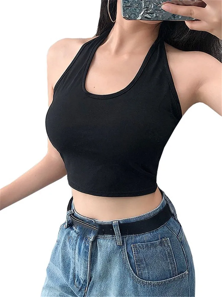 

Сексуальные летние топы INDJXND вечерние, укороченные топы с открытой спиной для фитнеса, без рукавов, короткие майки, уличная одежда, черная, б...