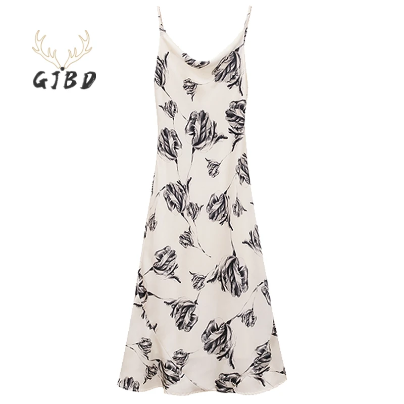 

Women's Straps Dress Ink Flower Printing Sleeveless Casual Fashion Self Cultivation High Waist Sexy Long Skirt Ladies Summer