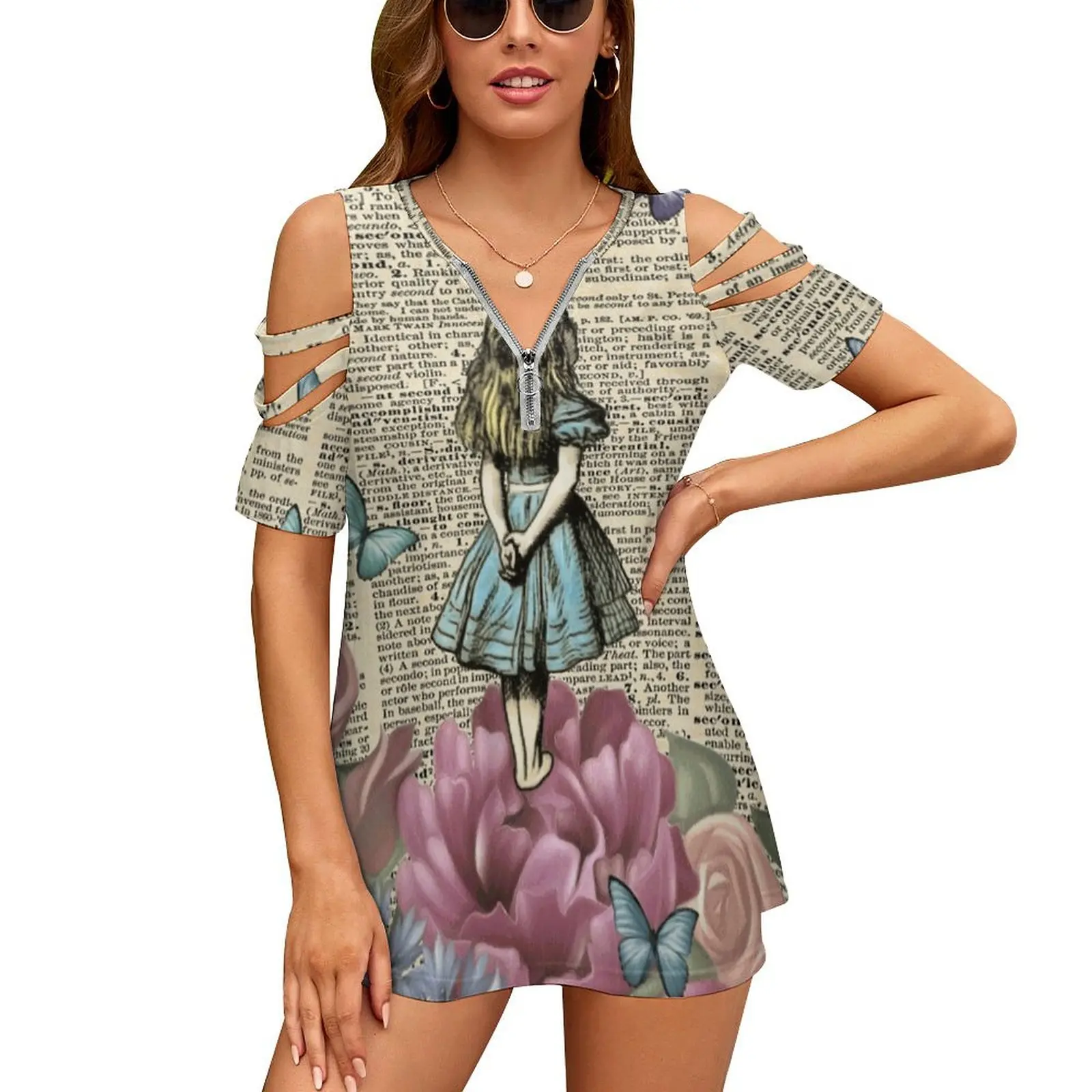 

Alice In-Garden Women'S T-Shirt New Fashion Printed Zipper V-Neck Short Sleeve T Shirts Casual Plus Size Alice In Tea Party