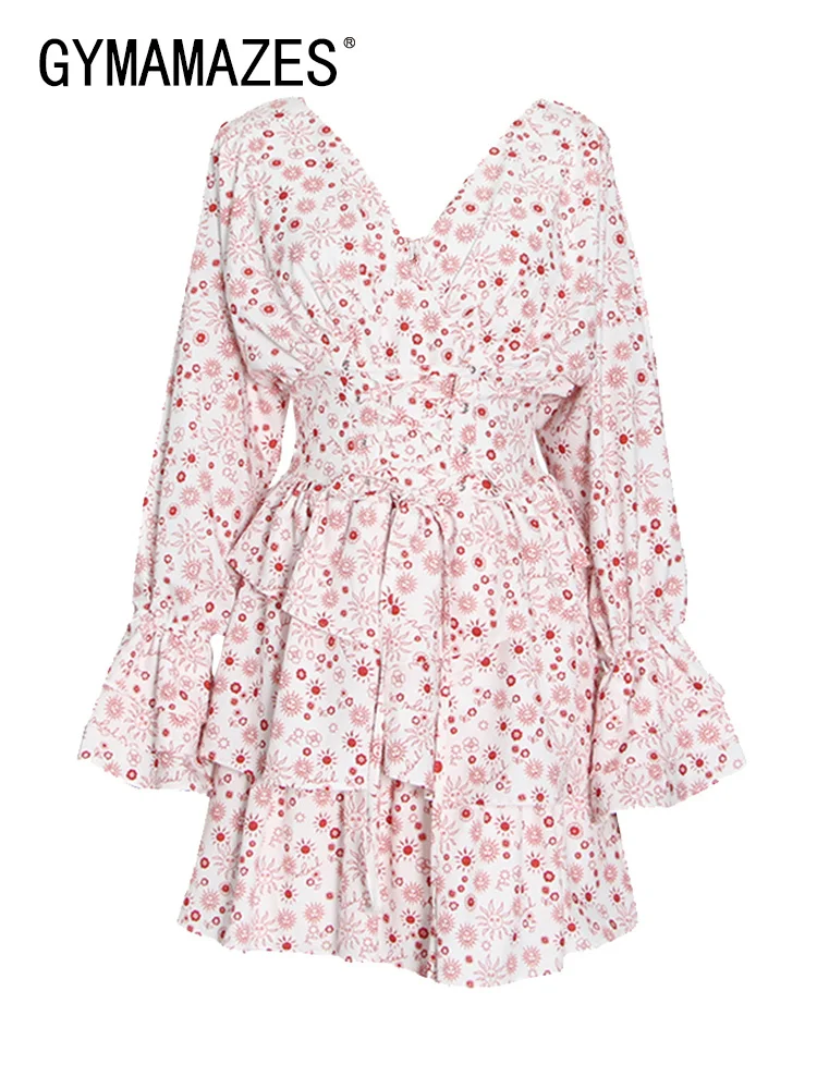 

GYMAMAZES Korean Mini Dress For Women V Neck Long Sleeve High Waist Bandage Tunic Solid Dresses Female Clothing 2022 Fashion New