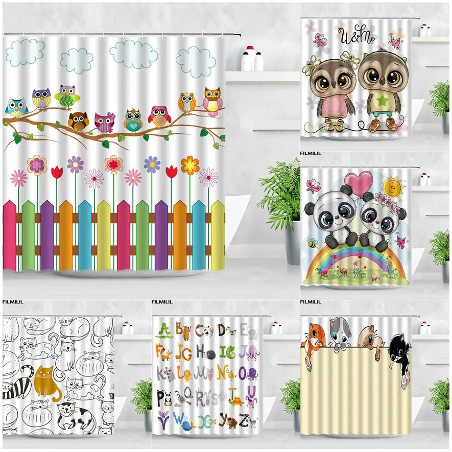 cute owl shower curtains cartoon animals color flowers fence 3d print waterproof children bathroom decor hooks bath curtain set free global shipping