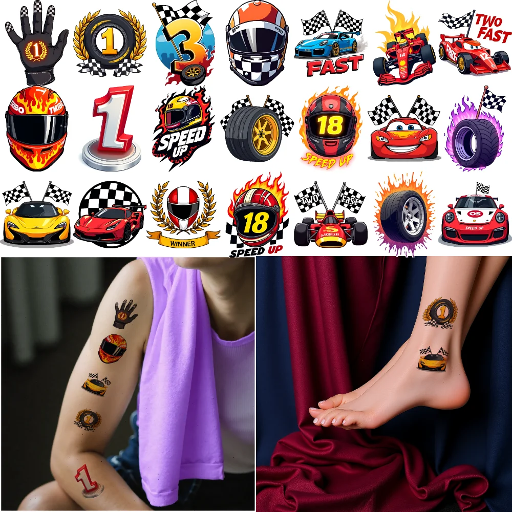 Фото 63 шт. временные татуировки гоночный автомобиль татуировки временные татуировки наклейки клетчатый флаг татуировки мультфильм для женщин щек №3