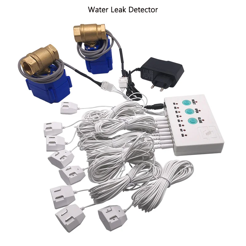 Water Leak Detector ( 8pcs Sensor Cables ) Flood Level Monitoring Device Pipe Leakage Alert Smart Alarm with 2pcs DN25 Valves