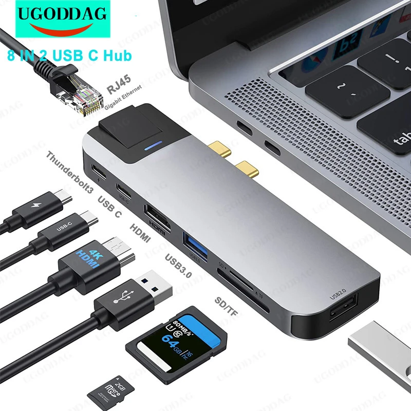 

USB-концентратор 8 в 1, USB Type-C, RJ45, Gigabit HDMI, 4K, Thunderbolt 3