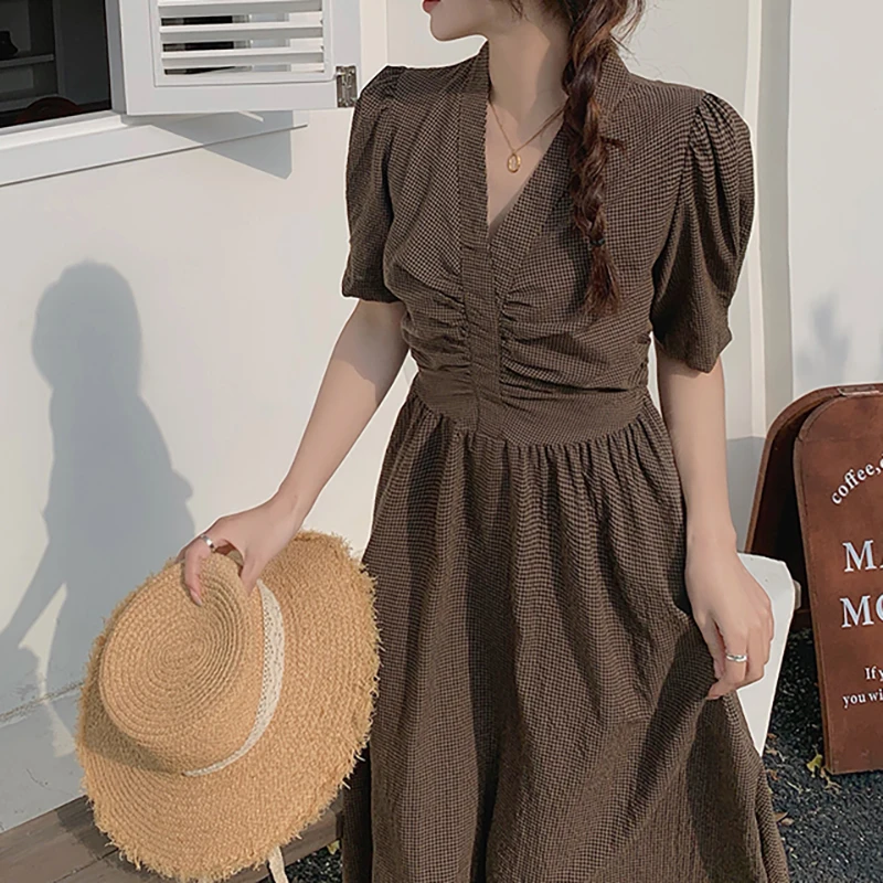 

Женский винтажный клетчатый сарафан, длинное коричневое платье-трапеция с зауженной талией, V-образным вырезом и пышными рукавами, лето 2022