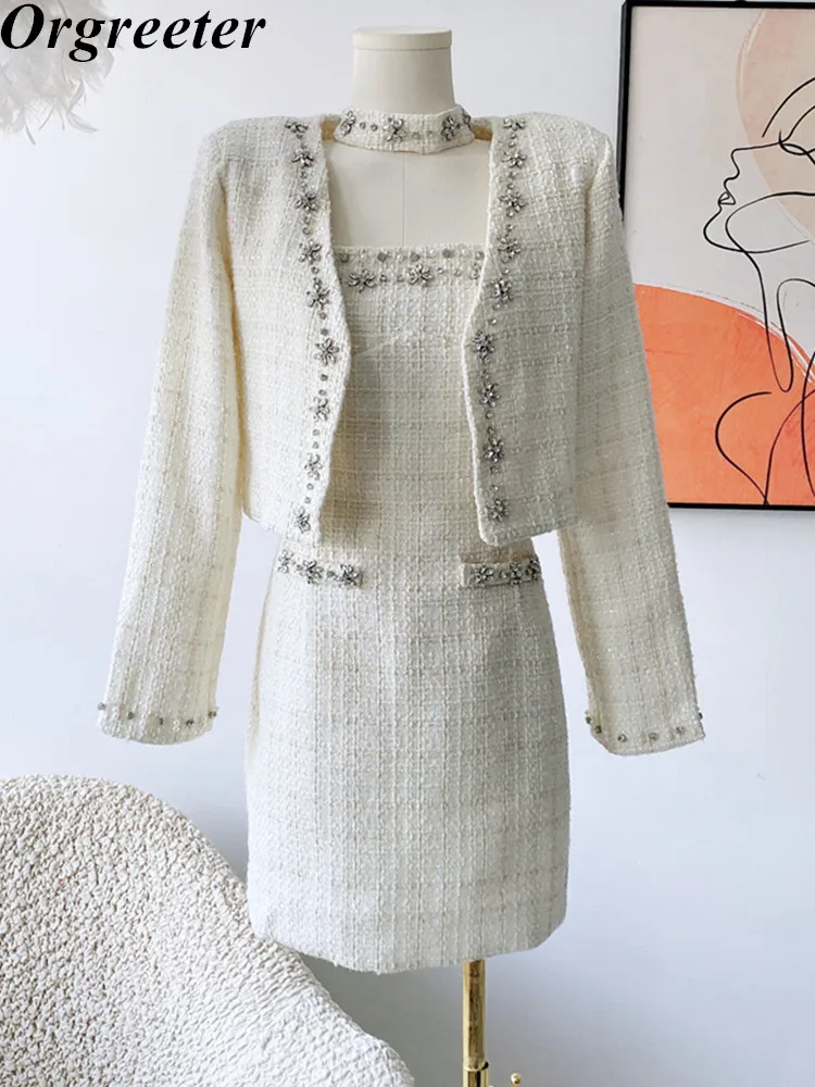 

Роскошные бриллиантовые аксессуары, Женская куртка, пикантное мини-платье без бретелек, комплект из двух предметов, винтажный тренд для веч...