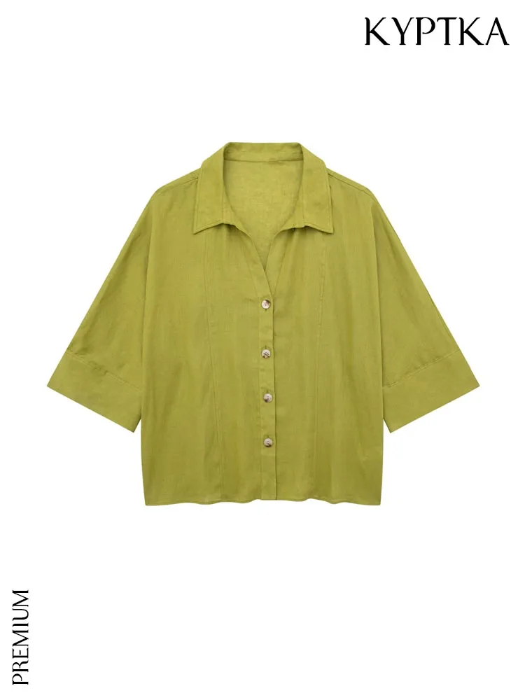 

KYPTKA Women Fashion Linen Oversized Shirts Vintage Three Quarter Sleeves Front Button Female Blouses Blusas Chic Tops