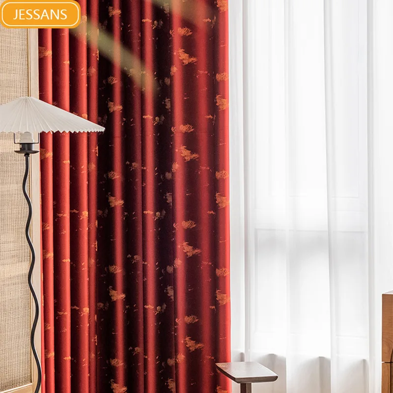 

2022 New Chinese Red Bronzing Thickened Blackout Curtains for Living Room Bedroom Custom Finished Products