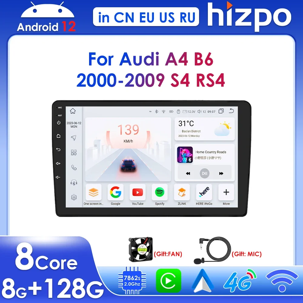 Hizpo 9-дюймовый беспроводной Carplay Android Auto для Audi A4 B6 2000-2009 Seat Exeo автомобильный
