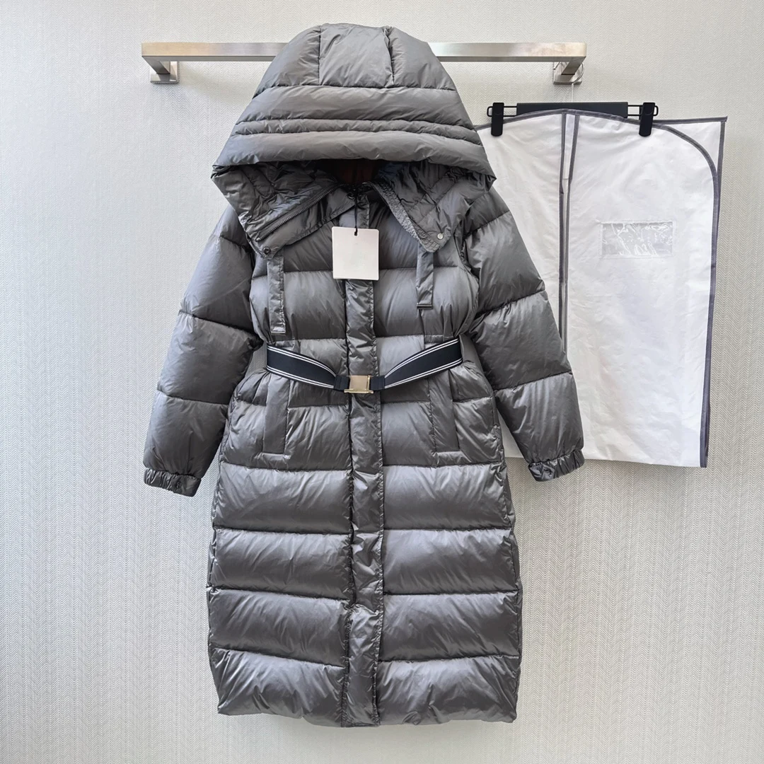 

2023 Autumn and winter the latest belt hooded waist long bread down jacket9.11
