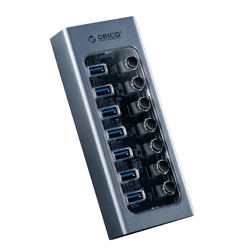 

2022.AT2U3-7AB Industrial USB 3.0 Aluminum + Transparent USB HUB 5Gbps transmission rate HUB 7/10/13/16 With ON/OFF Switch