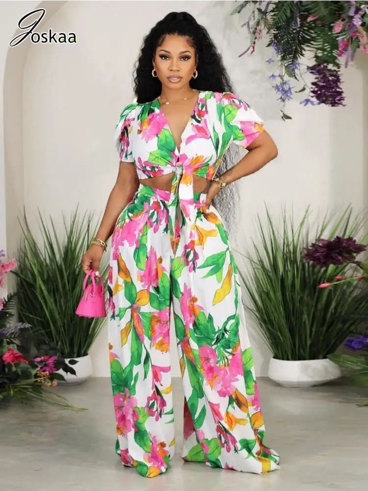 

Joskaa Floral Print 2 Piece Set Women V-Neck Lace Up Short Sleeve Crop Tops and Wide Leg Pants Matching 2023 Vacation Outfits