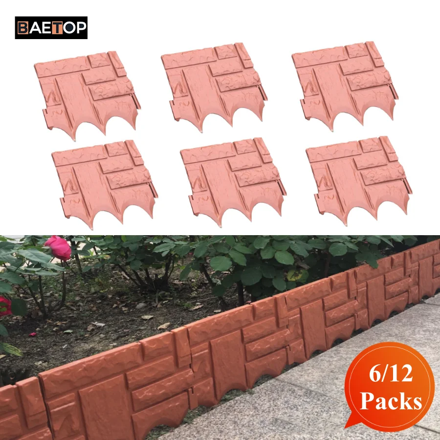 

6/12 Packs 26x23cm Plastic Flower Bed Edging Fencing for Garden Decor Portable Lawn Edging Interlocking Panel Stone Brick Effect