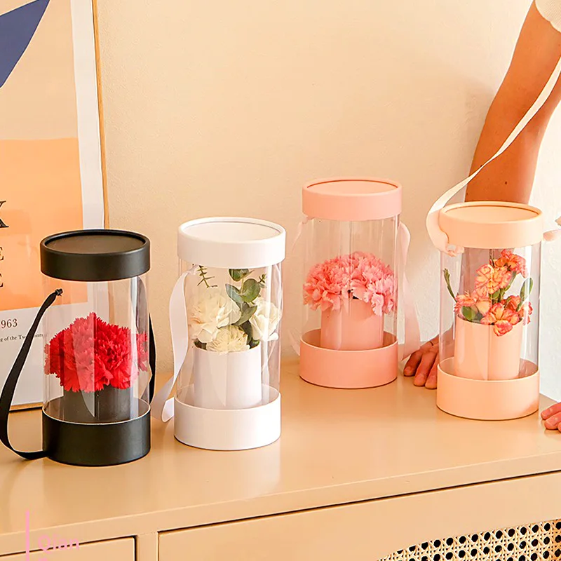 

1PC Portable Cylinder Gift Box Hug Bucket Round Paper Boxes Flower Packaging Simple With Lid