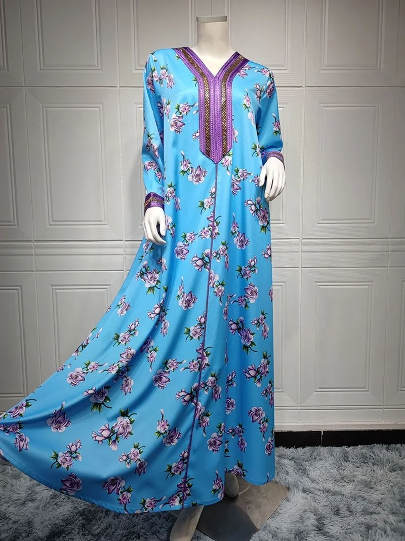 

Рамадан бисер Abaya цветочный принт Jalabiya женское мусульманское арабское длинное платье марокканский этнический кафтан исламский Дубай Саудо...