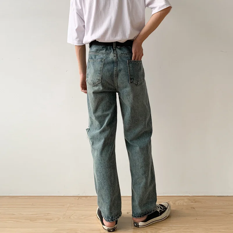 Men's Solid Color Simple Straight Loose Jeans Ripped Hole Design Casual Trousers Y2k Pants Men's Street Men's Clothing Men Jeans