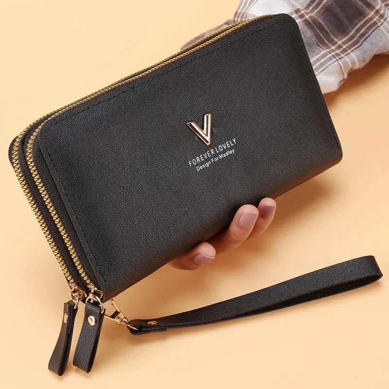 

Women Double Zipper Wallets Fashion V Female Solid Color Leather Coin Purses Ladies Long Wristband Card Holder Clutch Bag