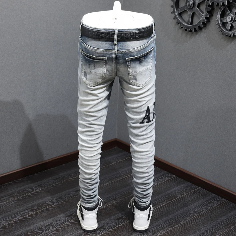High Street Fashion Men Jeans Retro Blue Elastic Stretch Skinny Fit Ripped Jeans Men Patches Designer Hip Hop Brand Pants Hombre