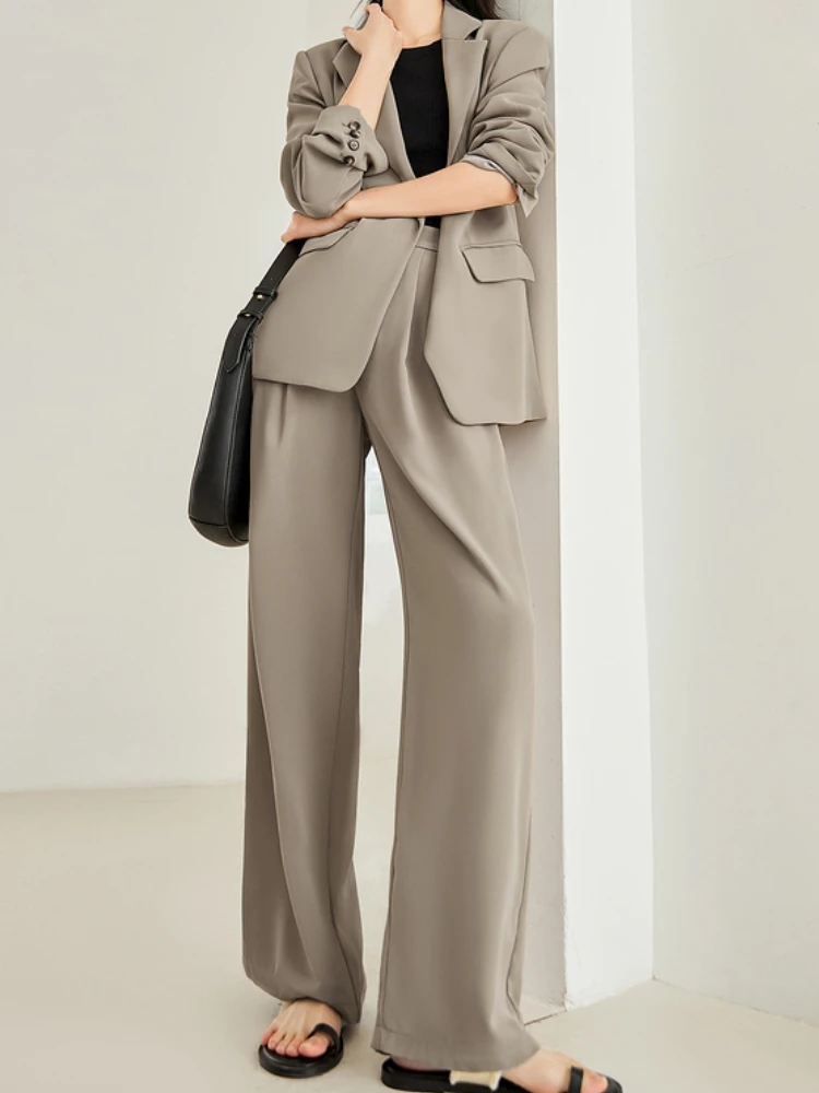 

Women Casual Loose Blazer Pantsuit Spring Fashion Korean Business Suit Coat Wide-Leg Pantalon 2 Pieces Elegant Female Clothes