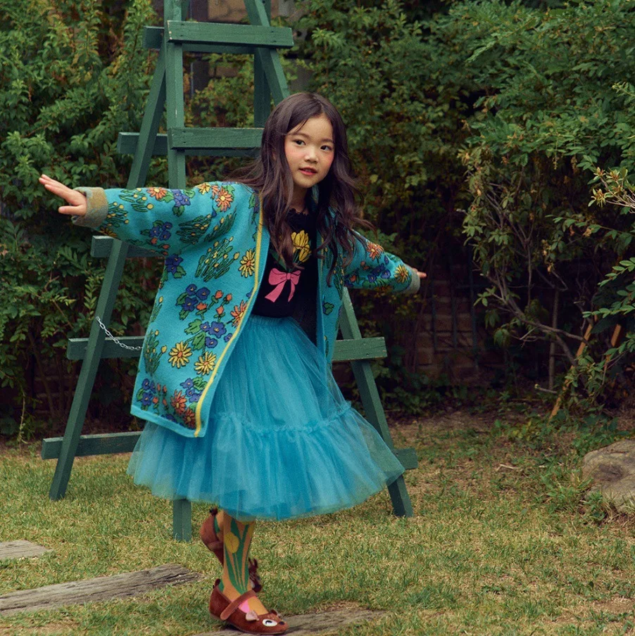 2022 Autumn Print Korean Girls Sweater Fashion Blue Girls Yarn Skirt Cotton T-Shirts Children's Clothing Girls Cardigan Sweater