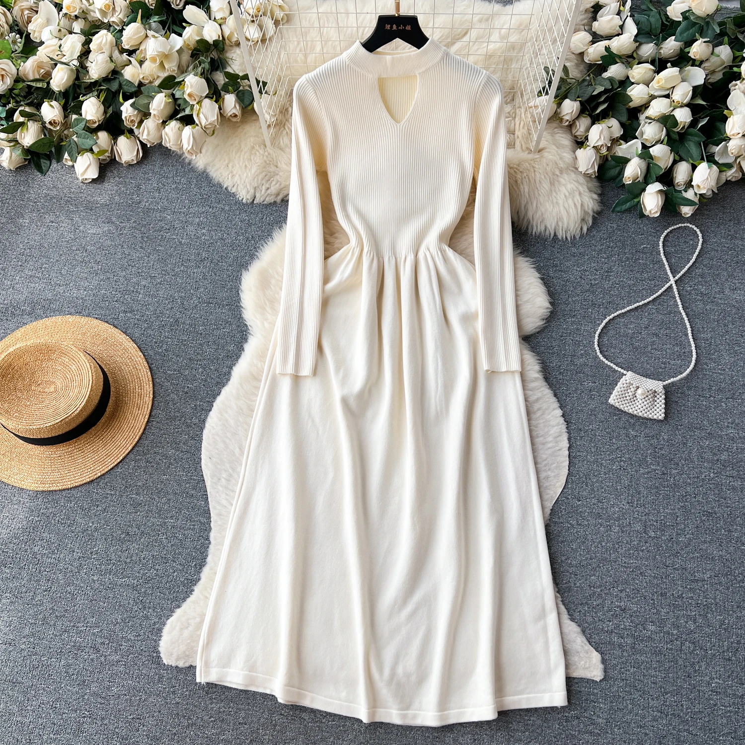 

Новинка весна-осень 2023, вязаное платье с круглым вырезом и длинным рукавом для женщин, шерстяное платье средней длины с высокой талией