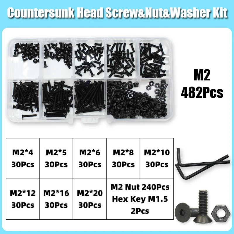 

3045/комплект M2 M2.5 M3 M4 M5 M6 M8 Углеродистая сталь Шестигранник с плоской головкой и потайной головкой Болты Винты Гайка Шайба Ассортимент Комплект