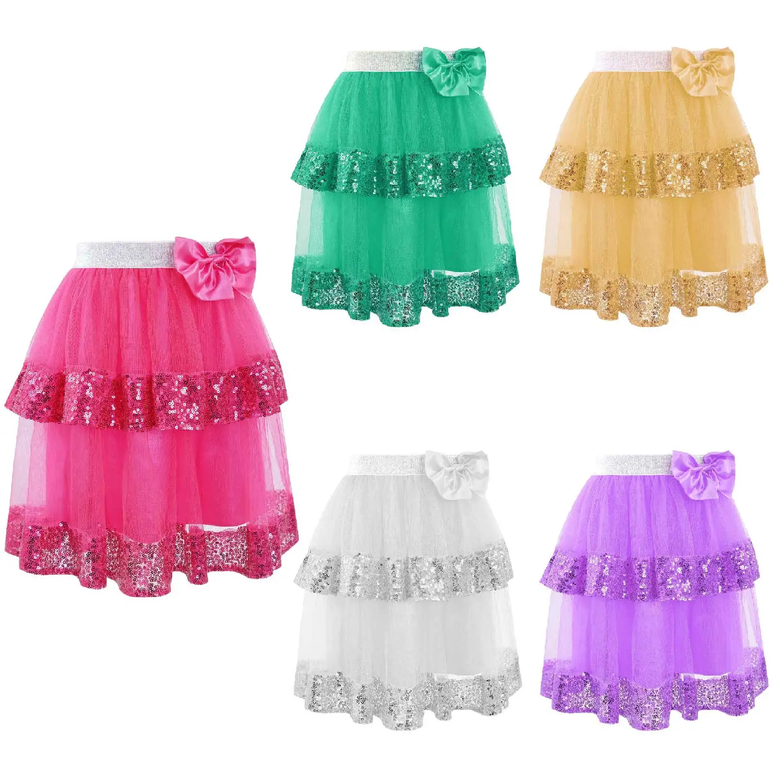 

#6-14 Kids Girls Mesh Ballet Skirt Elastic Waistband Sequins Decoration Tutu Dance Costume Party Stage Performance Dancewear