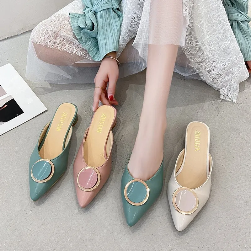 

Shoes Woman 2022 Slippers Soft Female Mule Med Cover Toe Rivet Pantofle Square heel Comfort Mules New Block Pointed PU Cotton Fa