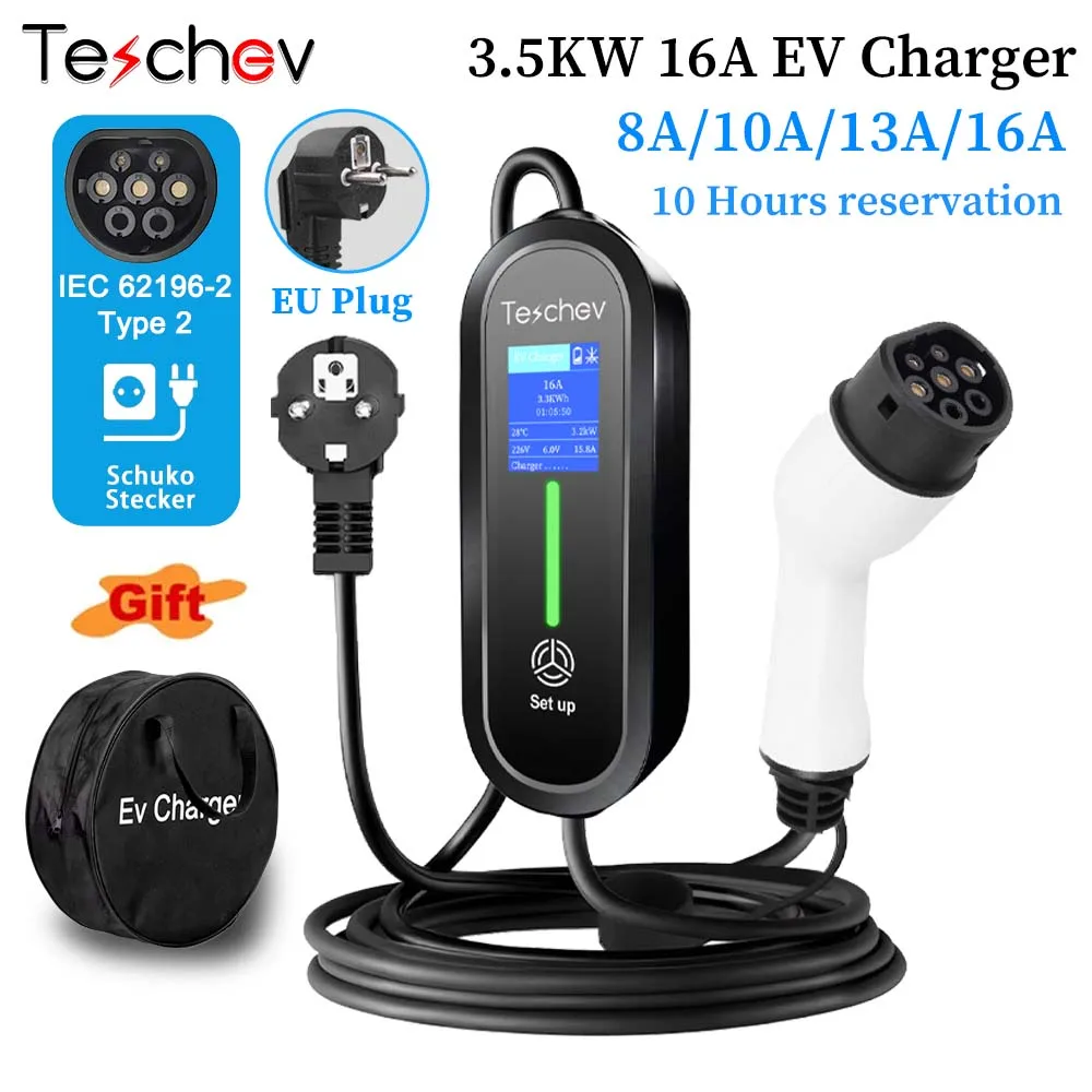 Teschev Portable EV Charger 3.5KW Type 2 EVSE Charging Box Level 2 J1772 Type1 Charger 16A Car Charger for Electric Car