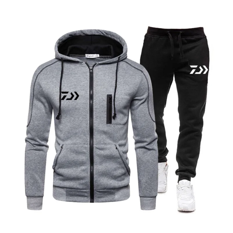 

Костюм спортивный мужской из двух предметов, толстовка на молнии и штаны, повседневная одежда с капюшоном, Осень-зима