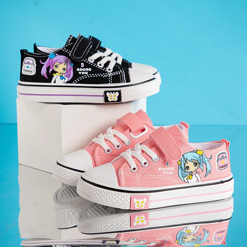 Cheap Children Pink Sneakers For Girl Fashion Cartoon Canvas Shoes Kids Anime Skateboard Shoes Boy Flats Low Children's Footwear
