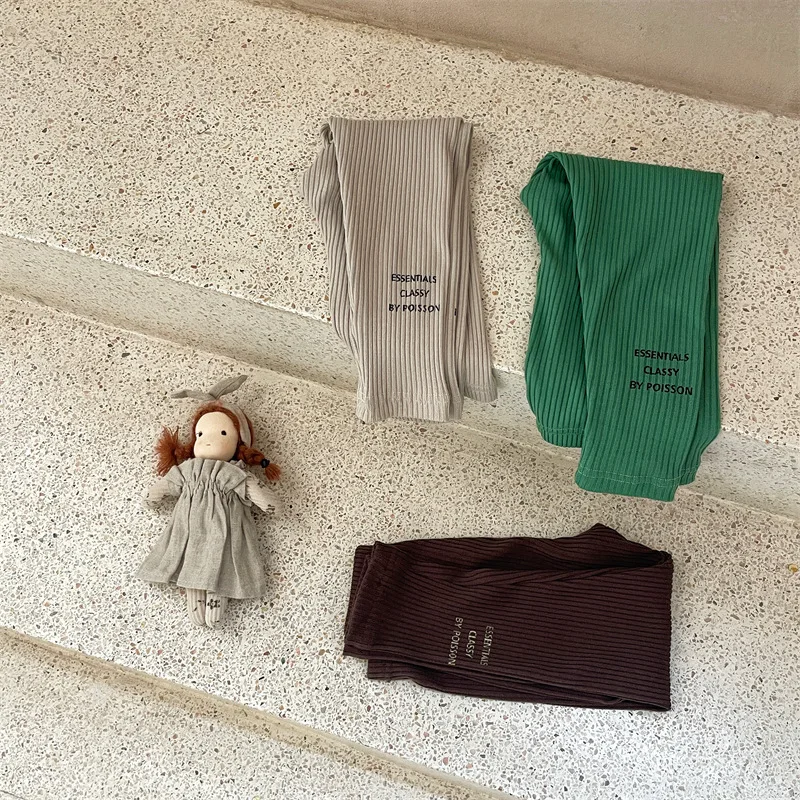 

HoneyCherry Autumn Boys and Girls Solid Color Pit Stripes Letter Printing Bottoms Simple Elastic Knitted Pants